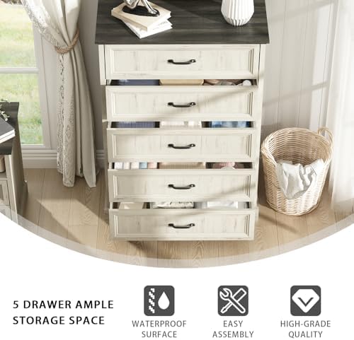 CARPETNAL Farmhouse 5 Drawer Dresser for Bedroom, 44" Tall White Dresser. - Image 6