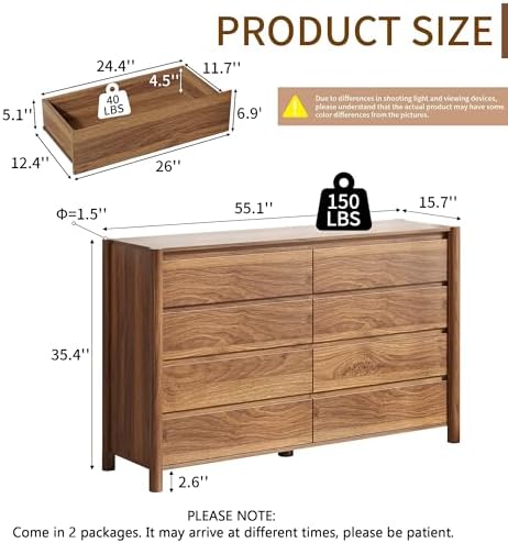 CHUWELL 55" Wide Walnut 8 Drawer Dresser for Bedroom with Solid Wood Legs - Image 2