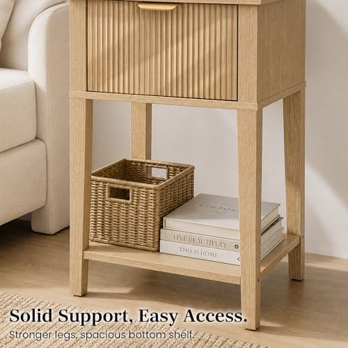 Natural Oak 15.4" Wide Small Nightstand with Drawer,Open Shelf,Fluted - Image 6