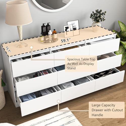 Vibe & Dine 9 Drawer Dresser, 59.1" Long Dresser for Bedroom Free Handle, Modern Wooden Chest of Drawers with Wide Storage for Living Room, White - Image 5
