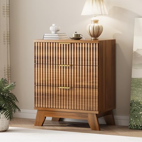 Xixini Fluted Dresser for Bedroom with 3 Drawers, 24" Wide Modern Chest of Drawers with Metal Handle, Wooden Dresser TV Stand, Wood Closet Clothes Storage Organizer for Living Room, Hallway, Walnut by Xixini