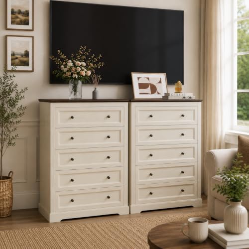 LOUVIXA Farmhouse Dresser 5 Drawer, Bedroom Chest of Drawers, Dressers with 5 Drawers, Wooden Dressers for Bedroom, Living Room, Tv Stand, Entryway(Off White-Brown) - Image 5
