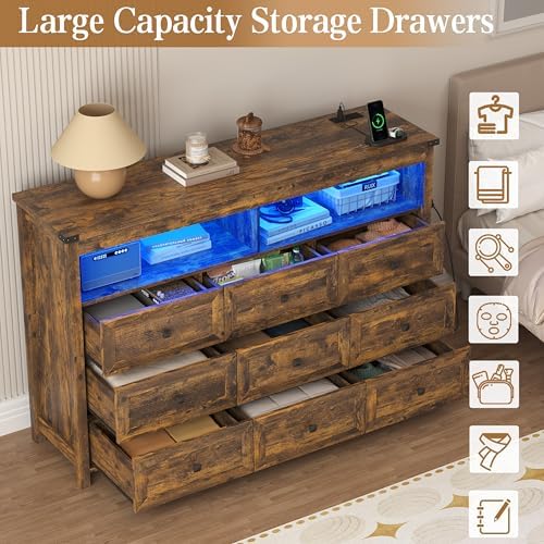 Wodeer 9 Drawer Dresser for Bedroom with LED Lights, Charging Station, Wood Chest of Drawers with Metal Handles, Modern TV Stand & Storage Organizer for Living Room, Hallway, Brown - Image 6