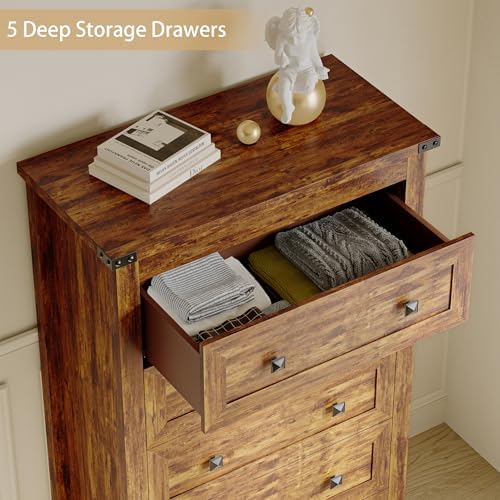Wodeer Brown Dresser Tall 5 Drawer Dresser for Bedroom, Wooden Dressers & Chests of Drawers with Metal Handles, Modern Storage Cabinet and Organizer Drawers for Bedroom, Hallway, Entryway - Image 6