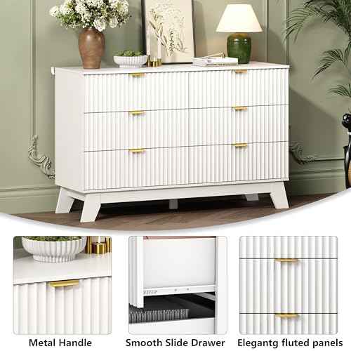 Wodeer 6 Drawer Fluted Dresser for Bedroom, Mid Century Modern Dresser with 6 Drawers, Dressers & Chests of Drawers with Metal Handle, TV Stand & Storage Organizer for Entryway, Hallway, White - Image 5