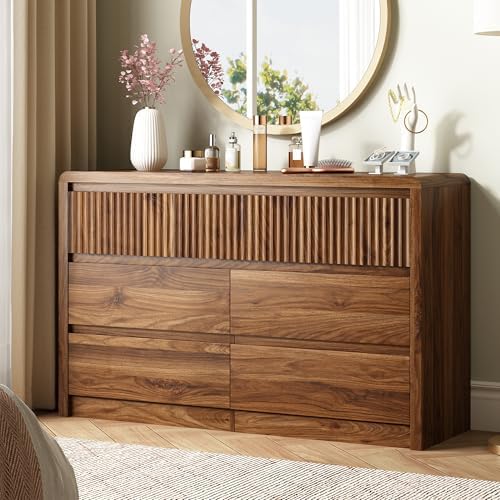 LYNSOM Walnut Fluted 7 Drawer Dresser for Bedroom, Curved Edge, 50" Wide by LYNSOM