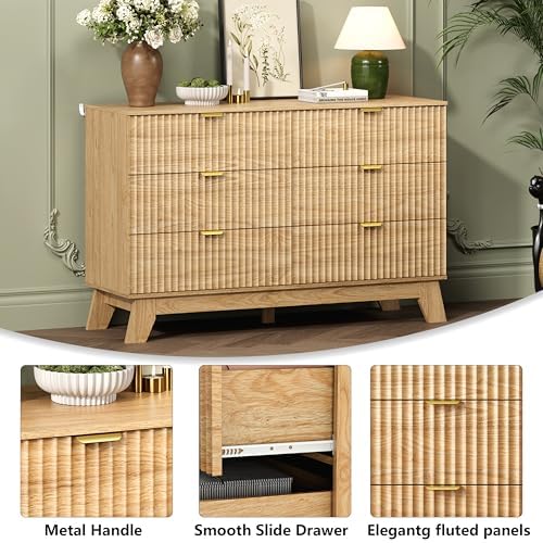 Wodeer 6 Drawer Fluted Dresser for Bedroom, Mid Century Modern Wooden Dresser with 6 Drawers, Dressers & Chests of Drawers with Metal Handle, TV Stand & Storage Organizer for Entryway, Hallway, Oak - Image 5