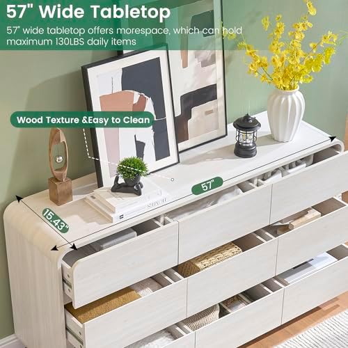 Standifurno White Dressers of 9 Drawers, Chest Dresser with Deep Drawers, Modern Dresser Closet for Bedroom, Curved Drawer with Large Storage, 57'' Wide - Image 5