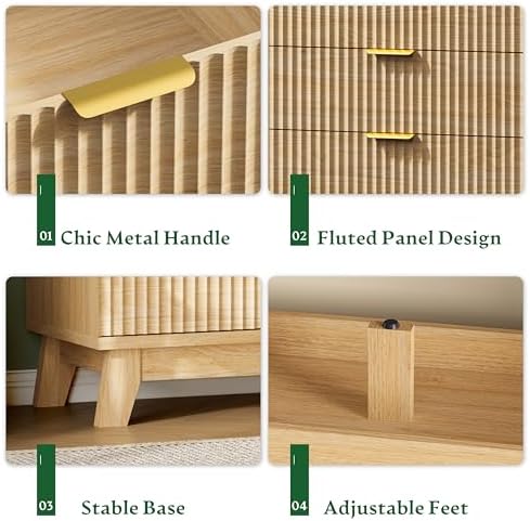 Xixini Fluted Dresser with 7 Drawers, 58" Wide Modern Chest of Drawers with Metal Handle, Wooden Dresser TV Stand, Wood Closet Clothes Storage Organizer for Bedroom, Living Room, Hallway, Natural Oak - Image 5