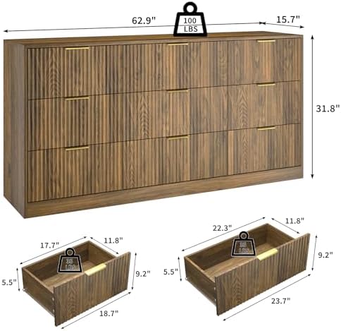 Walnut Dresser with 9 Drawer 63" Wide Fluted Dresser for Bedroom丨Long Dresser Modern Chest of Drawers with Gold Handle, Wood TV Stand Storage Organizer for Bedroom, Living Room, Walnut - Image 2
