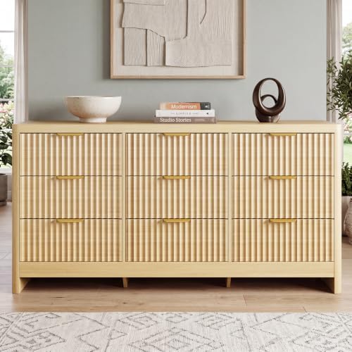 Fluted 9 Drawer Dresser for Bedroom, 59" Horizontal Wide Modern Low Profile Chest of Drawers with Metal Handle & Storage, Long Wooden Dresser TV Stand for Living Room & Closet, Natural Oak Dresser - Image 3