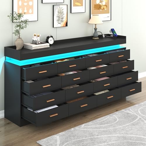 Hlivelood 16 Drawer Dresser with LED Light and Charging Station, Modern Chest of Drawers for Closet, Wide Drawer Organizer Cabinet, Living Room, Entryway, Hallway, Black - Image 5
