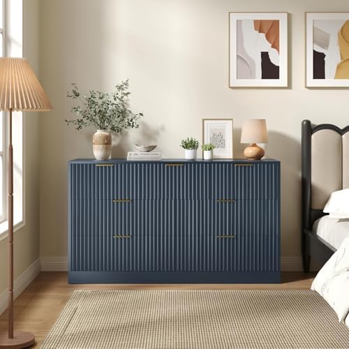 Navy Blue 7 Drawer Dresser for Bedroom, 55" Wide Fluted Chest of Drawers with Gold Metal Handles, Modern Wood Dresser Closet Storage Organizer Mid Century TV Stand for Living Room Hallway - Image 5