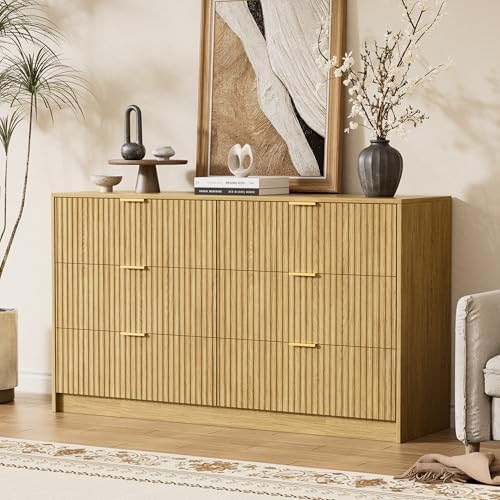 Furniway Mid Century Modern Dresser for Bedroom, 6 Drawer Wood Dresser with Fluted Front, 55.1" Wide Chest of Drawers for Living Room, Hallway, Natural Oak - Image 6