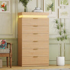Tall 6 Drawer Dresser LED Lights & Charging Station Natural Oak by yesasin