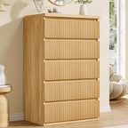 Fluted 5 Drawer Dresser for Bedroom, 43" Tall Dresser for Bedroom, Modern Fluted Chest of Drawers, Handle-Free/Floor-Mounted Wood Drawer Dresser for Living Room, Bedroom, Entryway, Hallway (Oak) - Image 6