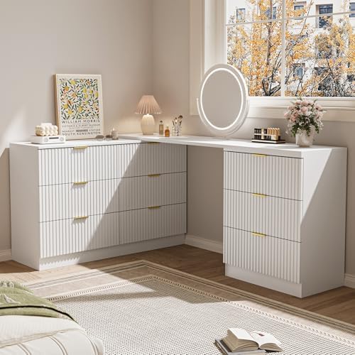 MAISONARIA L-Shaped Rotatable 9 Drawer Dresser for Bedroom, 71" Wide Deformable White Dresser with Gold Metal Handles, Modern Fluted Chest of Drawers for Bedroom, Living Room, Entryway, Hallway by MAISONARIA