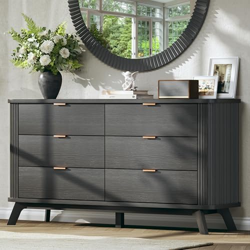 HUAHUU Fluted 6 Drawers Dresser for Bedroom, 55" Mid Century Modern & Chests of Drawers, Curved Profile Design, TV Stand, Wood Storage Dresser for Entryway, Hallway, Black by HUAHUU