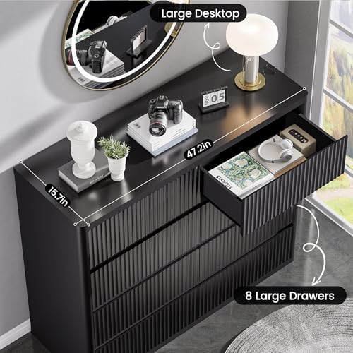 Standifurno Black 8 Drawers Dresser for Bedroom, 48" Wide Wooden Tall Chest of Drawers with Curved Modern Profile Design, Fluted Dresser TV Stand, Wood Closet Clothes Storage Drawer Organizer - Image 3