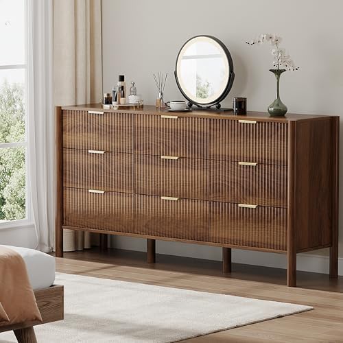 63in Walnut Fluted 9 Drawer Dresser for Bedroom,Mid Century Wood Chest - Image 6