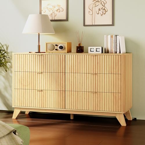 VINGLI Fluted Dresser for Bedroom, 6 Drawer Dresser Mid Century Modern, Oak - Image 7