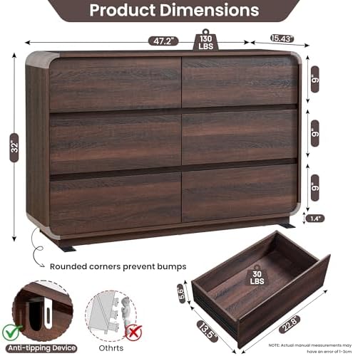Standifurno Walnut 6 Drawer Dresser, Curved Chest of Drawers for Bedroom, 47 Inch Wide Dresser with Deep Drawers for Clothes, Modern Drawer Closet for Bedroom, Living Rooms, Offices, Entryways - Image 2