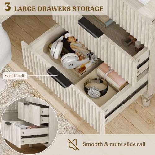 3 Drawers Nightstands Set of 2 w/Charging Station, Modern Fluted Dresser - Image 4