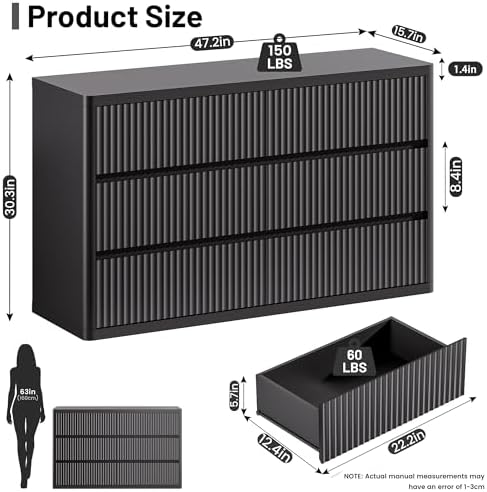 Standifurno Black 6 Drawers Double Dresser, Fluted Dresser for Bedroom, Modern Chest of Drawers with Handleless, Curved Profile Dressers TV Stand, Wood Storage Organizer for Living Room, Hallway - Image 2