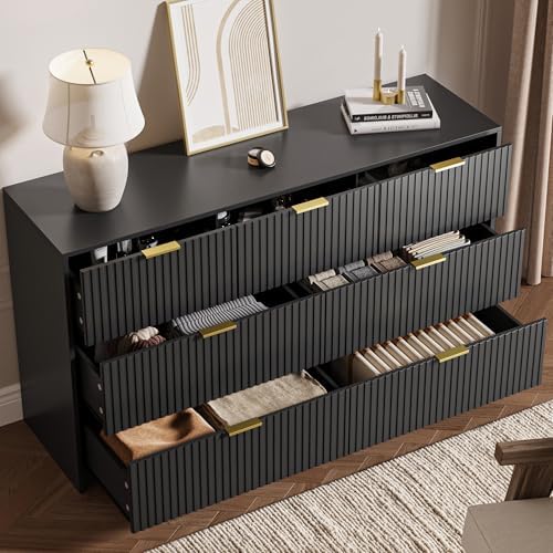 MAISONARIA Black 7 Drawer Dresser for Bedroom, 55.9" Wide Modern Fluted Dresser with Gold Metal Handles, Wide Chest of Drawers for Bedroom, Living Room, Entryway, Hallway - Image 4