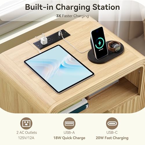Decofy Fluted Nightstand with Charging Station, 2 Drawers, Oak - Image 3