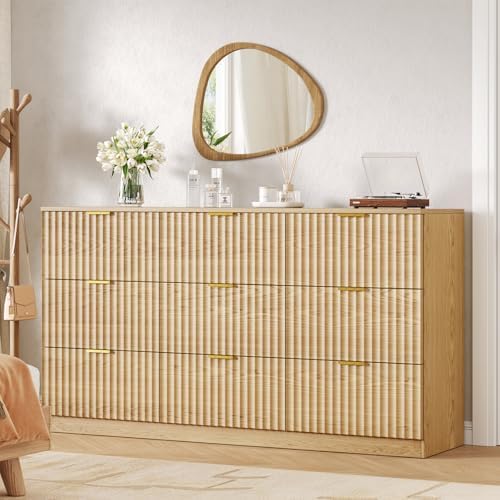 60.3" Wide Fluted 9 Drawer Dresser for Bedroom, Natural by NDOHCUO