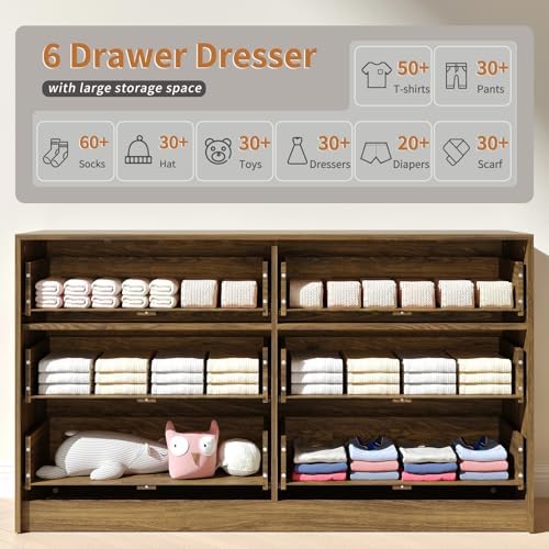 6 Drawer Dresser & 1-Drawer Nightstand Set 3-Piece, Walnut丨55 Wide Bedroom Set Night Stand Set of 2 with Metal Handle, Fluted Wood Chest of Drawers Storage Dressers Set for Bedroom - Image 7