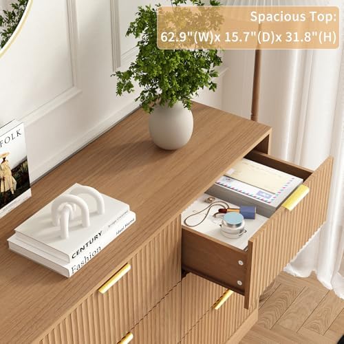 9 Drawer Fluted Dresser for Bedroom with Deep Drawers, Light Walnut丨63 Wide Wood Dresser, Large Chest of Drawers, Modern Long TV Stand, Storage Cabinet Side Table for Living Room, Hallway - Image 3