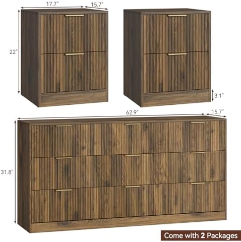 9 Drawer Dresser & 2-Drawer Nightstand Set 3-Piece, Walnut丨63 Wide Fluted Bedroom Dresser Set Night Stand Set of 2, Modern Wood Chest of Drawers Storage Dressers Set for Bedroom - Image 3