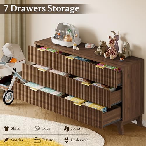 BORNOON Fluted 7 Drawer Dresser, 47.2" Wide Modern Boho Chest of Drawers, Wooden Storage Dresser TV Stand for Bedroom, Living Room, Closet, Hallway, Curved Profile Design - Image 5