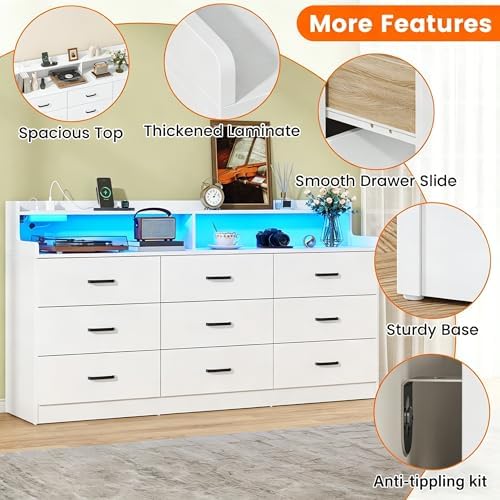 Bigbiglife 9 Drawer Dresser with Built in Power Outlet and LED Light, Modern Chest of Drawers for Bedroom, Triple Wide Drawer Organizer Cabinet for Living Room, Entryway, Hallway, Antique White - Image 5
