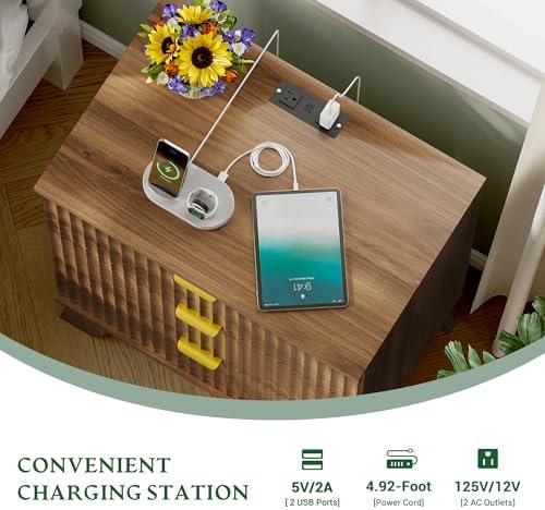 Xixini Fluted Nightstand with Charging Station, Tall Bedside Table, Walnut - Image 4