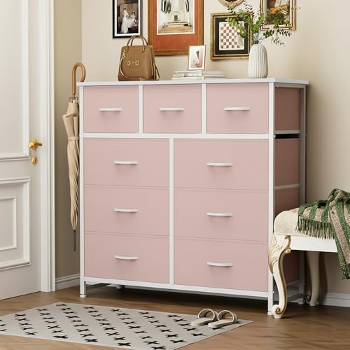 Sweetcrispy 9 Drawer Fabric Dresser Storage Tower Drawer Organizer, Pink - Image 2