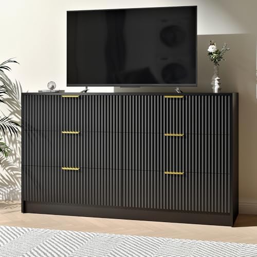Black Dresser with 6 Drawer 55" Wide Fluted Dresser for Bedroom丨Modern Chest of Drawer with Metal Handles, Wood TV Stand for Bedroom, Living Room, Entryway, Hallway, Black - Image 3