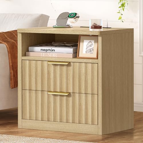TEENFON Fluted Night Stand, Nighstand with Charging Station and LED Light, Modern Bed Side Table for Small Space, Storage Drawer and Open Shelf, for Bedroom, Natural - Image 4