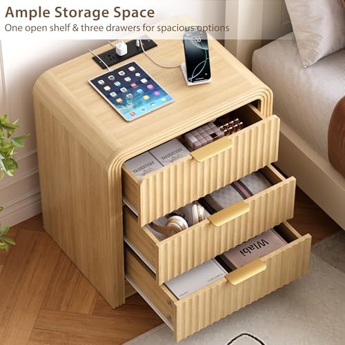 Decofy Fluted 3-Drawer Nightstand with Charging Station,Natural Oak - Image 4