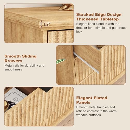 Squireewo Fluted 9 Drawers Dresser for Bedroom, 63" Wide Modern Chest of Drawers with Power Outlet and Deep Drawers, Large Dresser TV Stand for Living Room, Hallway, Kids Room, Oak - Image 3