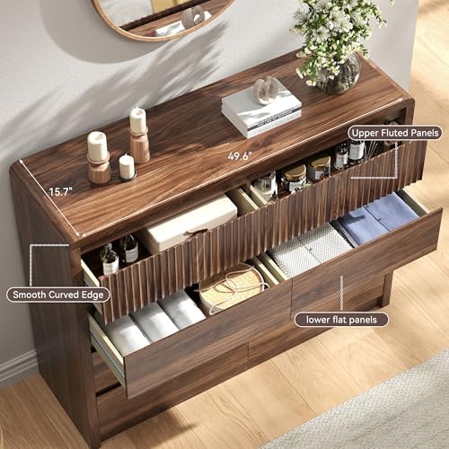 Fluted 8 Drawer Dresser for Bedroom, 50” Wide Modern Dresser & Chest of Drawers with Curved Profile Design, Wood Mid Century Dressers for Bedroom, Living Room, Walnut - Image 3