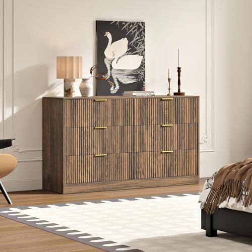 Walnut 6 Drawer Dresser for Bedroom, 55'' Wide Wood Chest of Drawers, Modern Fluted Bedroom Dressers with Drawers, Large Dresser TV Stand Mid Century Double Dresser for Living Room, Hallway - Image 6