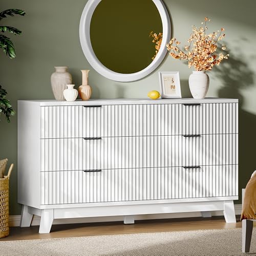 Xixini Fluted Dresser with 6 Drawers, 54" Wide Modern Chest of Drawers with Metal Handle, Wooden Dresser TV Stand, Wood Closet Clothes Storage Organizer for Bedroom, Living Room, Hallway, Solid White by Xixini