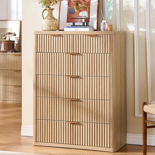 LEYAOYAO Farmhouse Fluted 6 Drawers Dresser for Bedroom, 42" Tall Modern Chest of Drawers with Curved Profile Design & Metal Handle,Natural Wood Drawer Organizer for Bedroom by LEYAOYAO-Findtheshiningpointofyourideallife%EF%BC%81