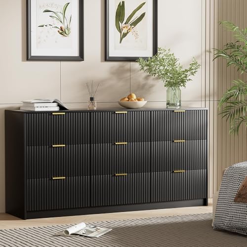 Furniway Black Dresser for Bedroom, Modern Dresser with 9 Drawers and Smooth Slides, Wide Chest of Drawers with Golden Handles for Bedroom, Living Room, Closet, 15.7" D x 63" W x 31.5" H - Image 5