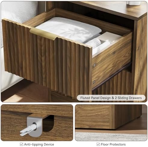 6 Drawer Dresser & 2-Drawer Nightstand Set 3-Piece, Walnut丨55 Wide Bedroom Set Night Stand Set of 2 with Metal Handle, Fluted Wood Chest of Drawers Storage Dressers Set for Bedroom - Image 6
