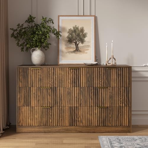 Walnut 7 Drawer Dresser for Bedroom, Fluted Modern Chest of Drawers - Image 6