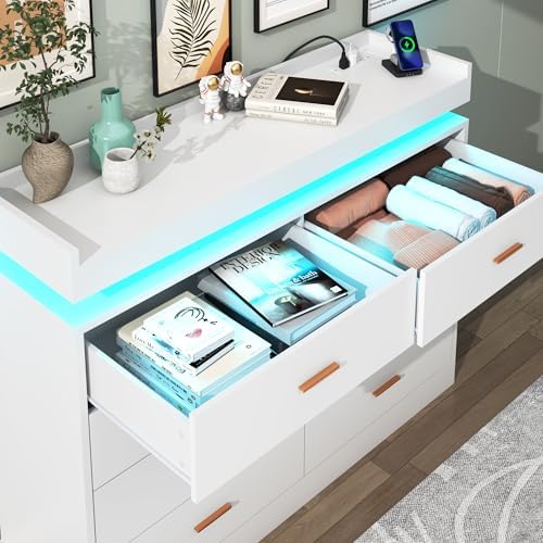 Hlivelood 8 Drawer Dresser with LED Light and Charging Station, Modern Chest of Drawers for Closet, Wide Drawer Organizer Cabinet for Bedroom, Living Room, Entryway, Hallway(White) - Image 5
